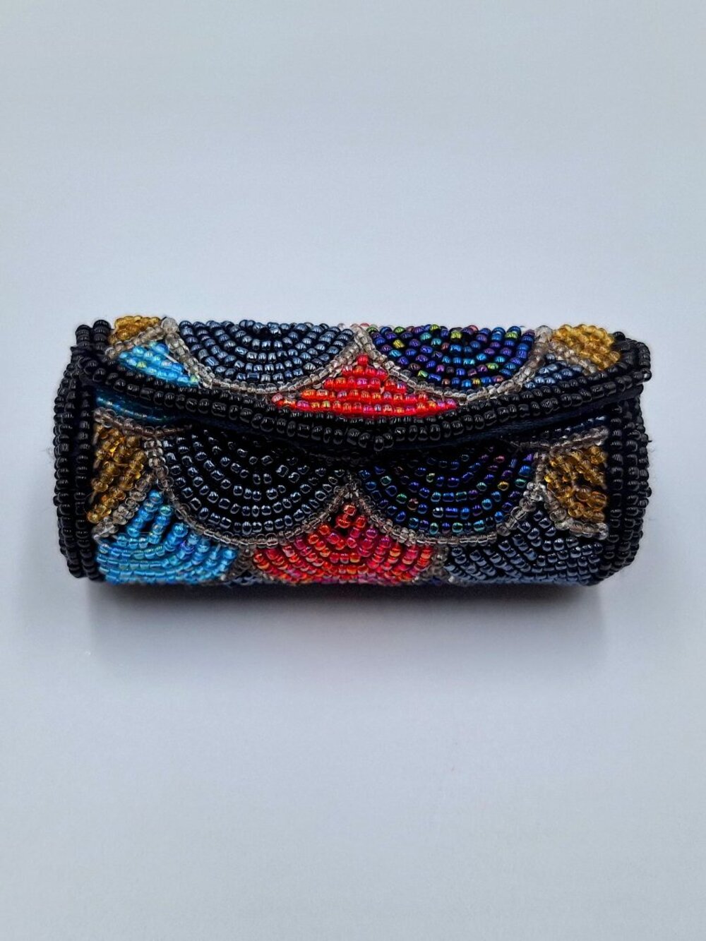 Vintage Beaded Lipstick Case Holder with Mirror - Button Close Lipstick Tube